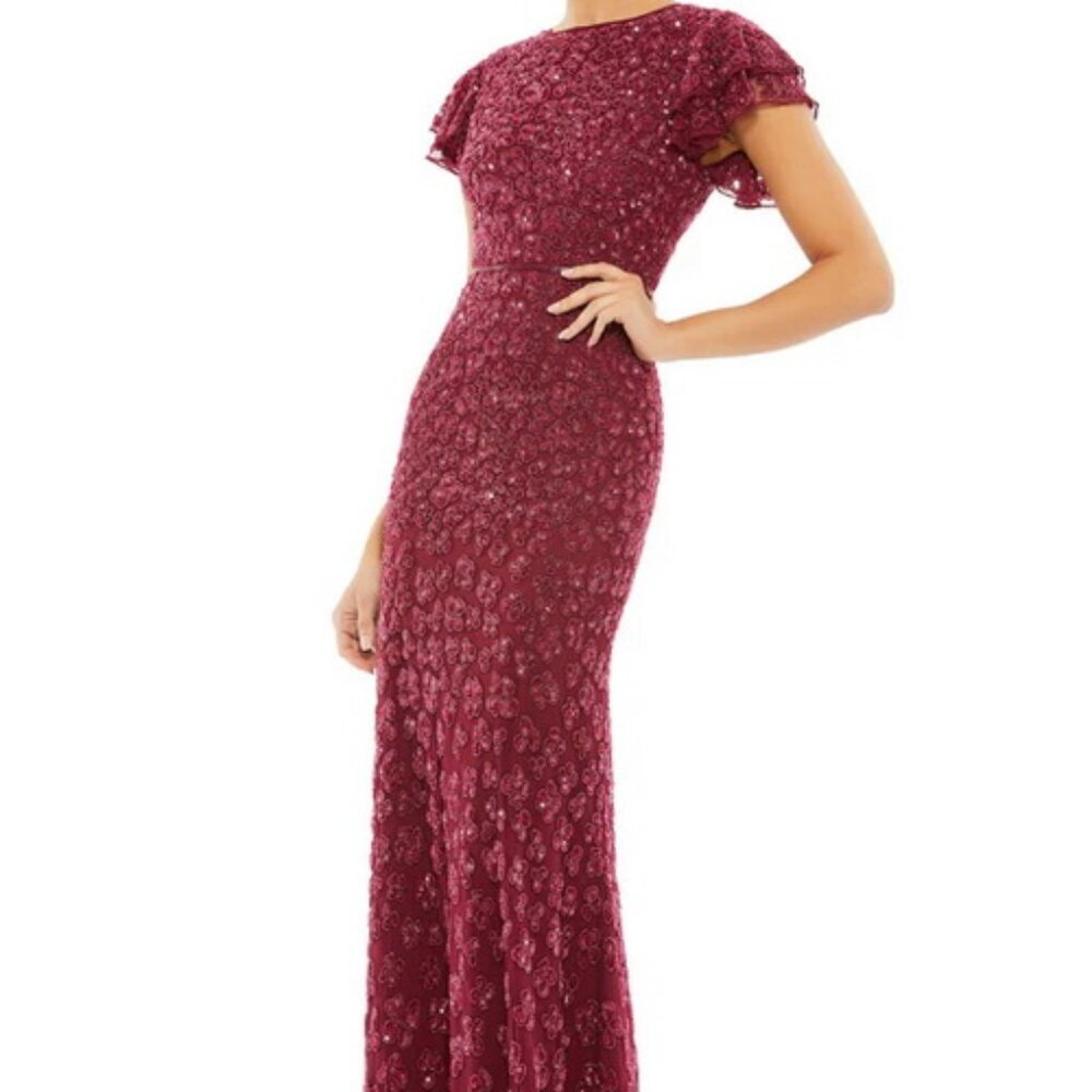 Mac Duggal Raspberry Red Floral Sequin Cap Sleeve Mesh Gown